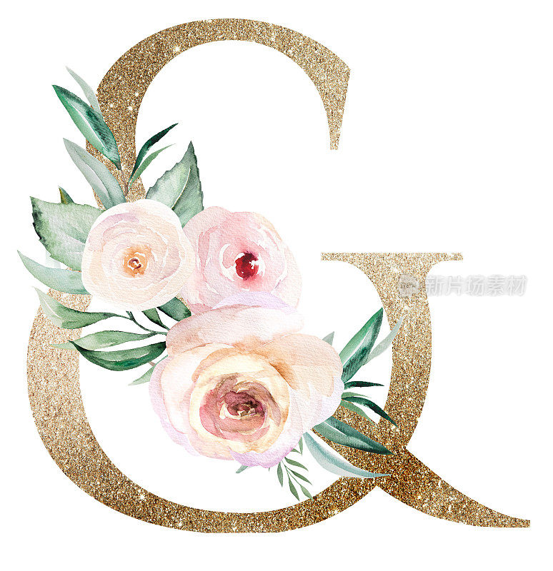淡金色符号与水彩玫瑰和叶子& quot;粉彩花卉字母表